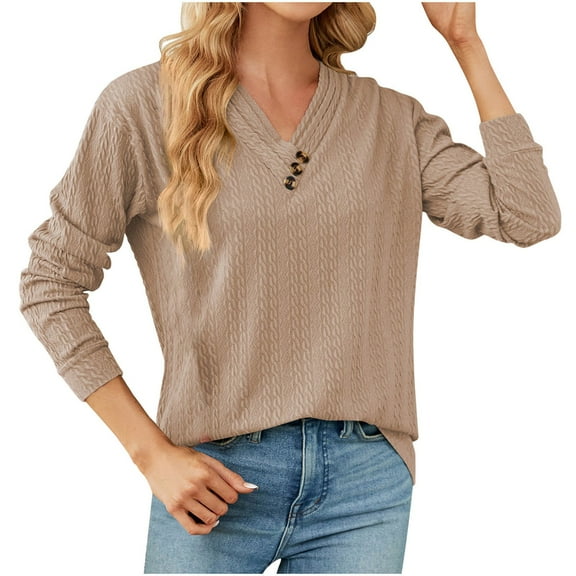 ATOYSOY Women's V Neck Button Sweatshirts Loose Tops Workout Casual Blouse Pleated Long Sleeve Shirts Winter Solid Color Pullover Spring Fashion Yellow L