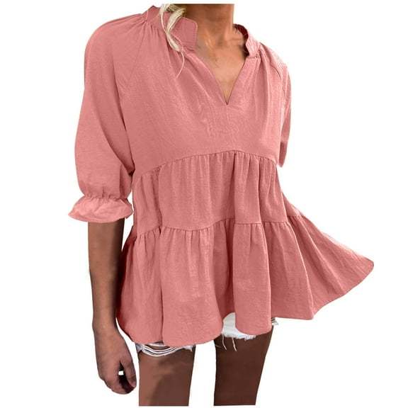 ATOYSOY Women's V Neck Dressy Sweatshirts Outwear Loose Babydolls Tops Pullover Pockets Workout 3/4 Sleeve Tees Fall Winter Casual Elegant Shirts Ruffle Fashion Pink XXL
