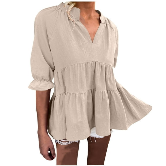 ATOYSOY Women's V Neck Dressy Sweatshirts Outwear Loose Babydolls Tops Pullover Pockets Workout 3/4 Sleeve Tees Fall Winter Fashion Casual Elegant Shirts Ruffle Beige XL