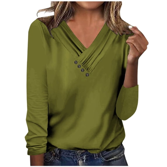 ATOYSOY Women's V Neck Pleated Shirts Fall Loose Basic Tops Solid Color Blouses Trendy Relaxed Comfy Casual Button Down Long Sleeve Tees Workout Green XL
