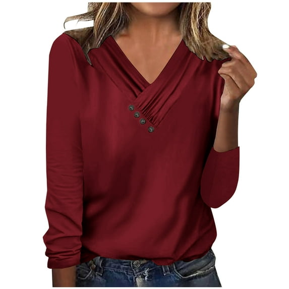 ATOYSOY Women's V Neck Pleated Shirts Fall Loose Basic Tops Workout Trendy Solid Color Blouses Relaxed Comfy Casual Button Down Long Sleeve Tees Red XXXXL