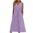 thumbnail image 1 of ATOYSOY Women's V Neck Pockets Tea Length A Line Dress Solid Color Sleeveless Button Elegant Casual Eyelet Beach Sundress Retro Trendy Summer Saving Dress for Girls Purple XXL, 1 of 5