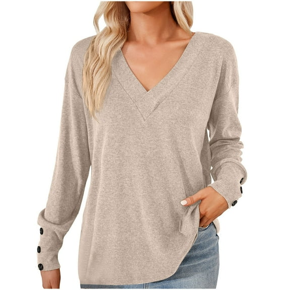ATOYSOY Women's V Neck Shirts Fall Loose Basic Tops Trendy Workout Comfy Casual Button Down Long Sleeve Pullovers Solid Color Blouses Relaxed Beige XL
