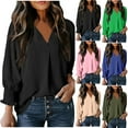 thumbnail image 1 of ATOYSOY Women's V Neck Sweatshirts Loose Ruffle Tops Solid Color Pullover Casual Iregular Shirts Outwear 3/4 Sleeve Tees Fall Winter Fashion Green L, 1 of 7