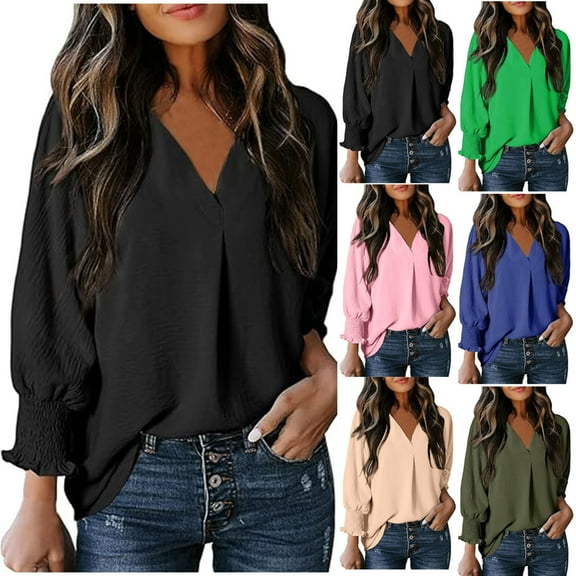 ATOYSOY Women's V Neck Sweatshirts Loose Ruffle Tops Solid Color Pullover Casual Iregular Shirts Outwear 3/4 Sleeve Tees Fall Winter Fashion Green L