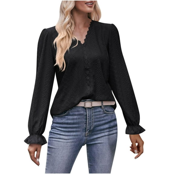 ATOYSOY Women's V Neck Sweatshirts Loose Tops Elegant Long Sleeve Shirts Winter Solid Color Pullover Spring Casual Blouse Eyelet Fashion Workout Black M