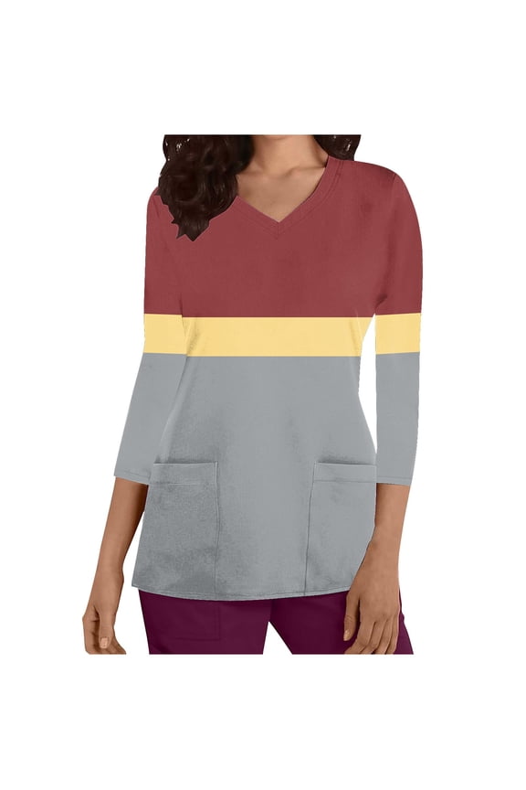 Women's V Neck Sweatshirts Outwear Loose Scrubs Tops Pockets Casual Shirts Solid Color Pullover with Pockets Workout 3/4 Sleeve Tees Fall Winter Fashion Red L