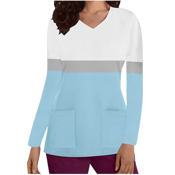ATOYSOY Women's V Neck Sweatshirts Outwear Loose Scrubs Tops Pockets Casual Shirts Solid Color Pullover Pockets Workout Long Sleeve Tees Fall Winter Fashion White M