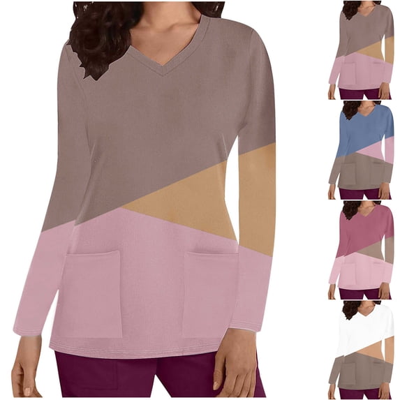 ATOYSOY Women's V Neck Sweatshirts Outwear Loose Scrubs Tops Pockets Casual Shirts Solid Color Pullover Workout Long Sleeve Tees Fall Winter Retro Fashion Brown L