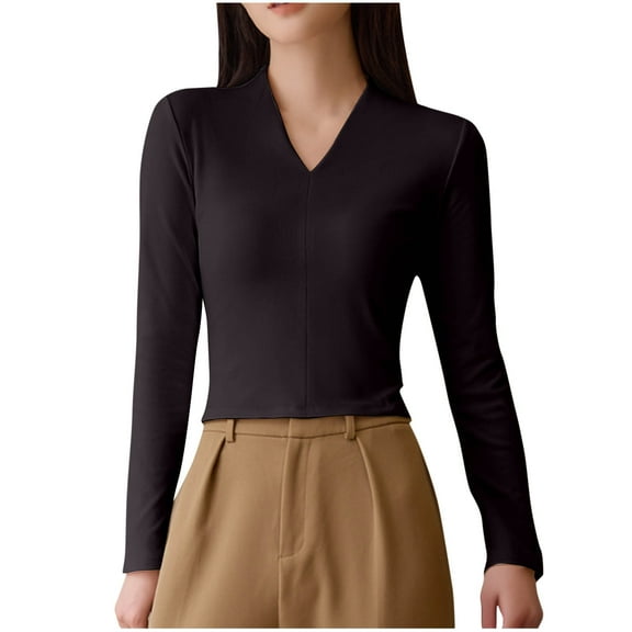 ATOYSOY Women's V Neck Sweatshirts Slim Cropped Tops Outwear Casual Cotton Shirts Warm Solid Color Pullover Fashion Long Sleeve Tees Fall Winter Black M