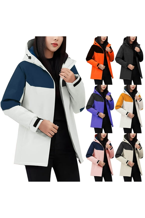 Women's Windproof Ski Jackets Warm Long Sleeve Zip Pocket Hooded Jacket Windproof Hiking Jacket for Women Winter Beige L
