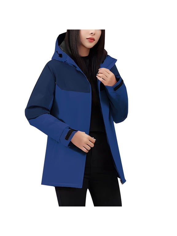 Women's Windproof Ski Jackets Warm Long Sleeve Zip Pocket Hooded Jacket Windproof Hiking Jacket for Women Winter Blue XL