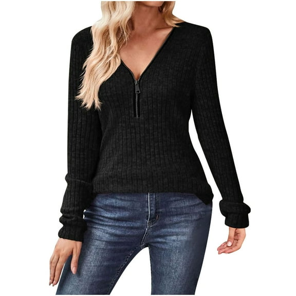 ATOYSOY Women's Workout Casual Knitted Slim Ribbed Sweaters Tops Long Sleeve Pullovers Trendy Relaxed Solid Color Quarter Zipper Blouses V Neck Shirts Fall Black XL