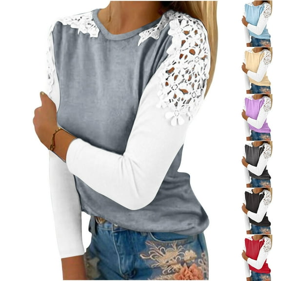 ATOYSOY Women's Workout Color Block Pullover Spring Crew Neck Sweatshirts Loose Tops Fashion Casual Blouse Patchwork Long Sleeve Shirts Lace Crochet Winter Beige L