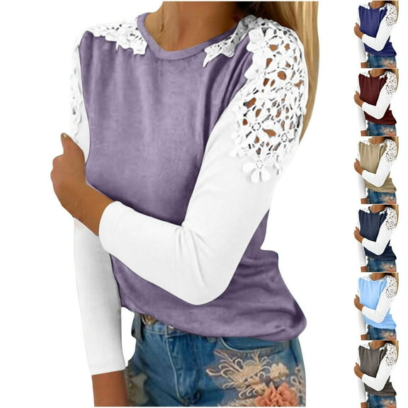 ATOYSOY Women's Workout Color Block Pullover Spring Crew Neck Sweatshirts Loose Tops Long Sleeve Shirts Lace Crochet Winter Fashion Casual Blouse Patchwork Blue L