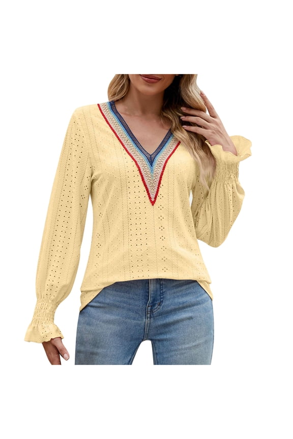 Women's Workout Long Sleeve Shirts Lace Crochet Winter V Neck Sweatshirts Solid Color Pullover Spring Loose Tops Dressy Tunic Casual Blouse Eyelet Yellow XL