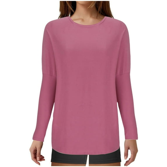 ATOYSOY Women's Workout Solid Color Blouses Loose Basic Tops Long Sleeve Tees Round Neck Shirts Fall Relaxed Comfy Casual Trendy Pink L
