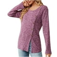 thumbnail image 1 of ATOYSOY Women's Workout Solid Color Pullover Side Split Spring Long Sleeve Shirts Winter Loose Tops Casual Blouse Dressy Tunic Round Neck Button Sweatshirts Purple S, 1 of 5