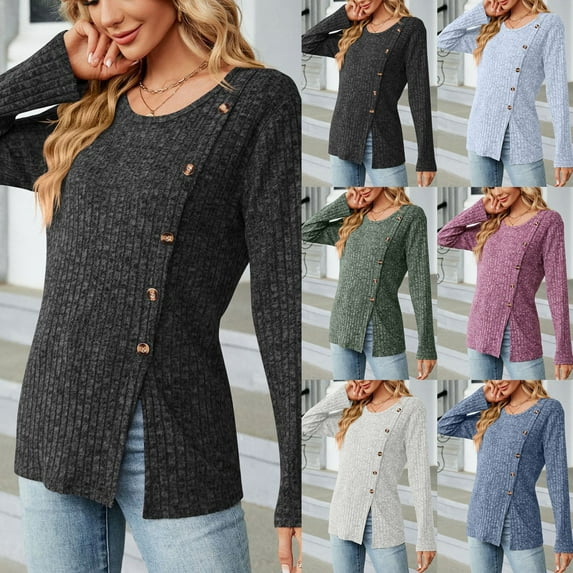 ATOYSOY Women's Workout Solid Color Pullover Side Split Spring Loose Tops Casual Blouse Dressy Tunic Long Sleeve Shirts Winter Round Neck Button Sweatshirts Green L