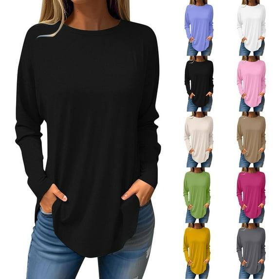 ATOYSOY Women's Workout Solid Color Pullover Spring Fashion Casual Blouse Dressy Tunic Long Sleeve Shirts Winter Loose Tops Crew Neck Sweatshirts Beige L