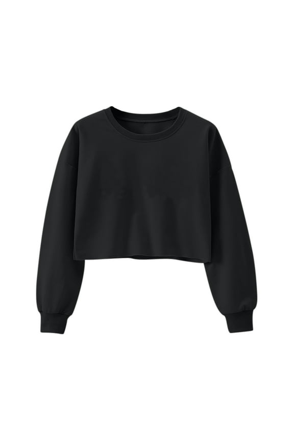 Women's Workout Solid Color Pullover Spring Crew Neck Sweatshirts Long Sleeve Shirts Winter Casual Cropped Blouse Cotton Fashion Loose Tops Black S