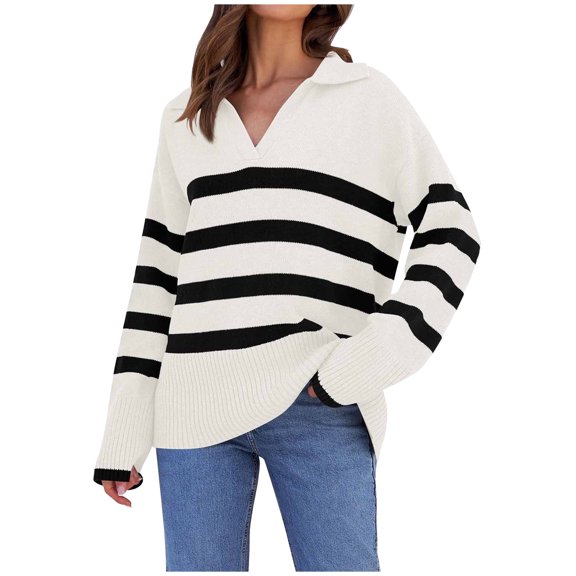 ATOYSOY Women's Workout Striped Pullovers Casual Trendy Sewatshirts Long Sleeve Sweaters Spring Loose Knitted Shirts Outwear Turn Down Collar V Neck Tops Fall S