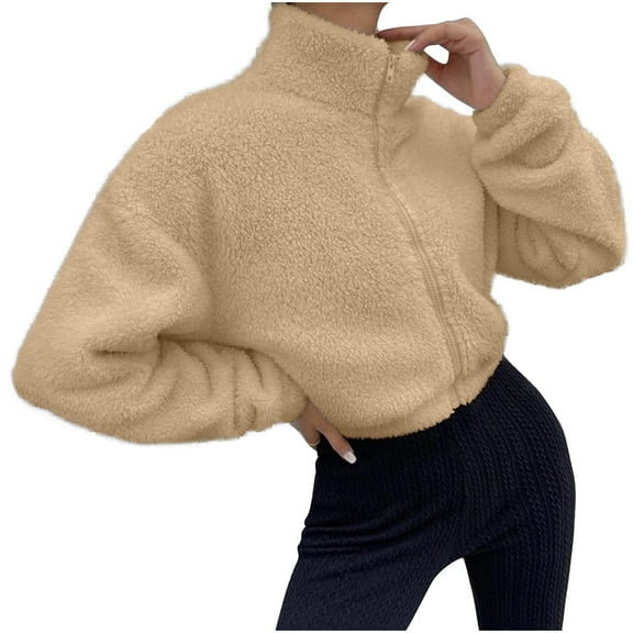 ATOYSOY Women's Zipper Stand Collar Sweatshirts Loose Cropped Coat Tops Workout Long Sleeve Shirts Winter Solid Color Jackets Spring Casual Blouse Fleece Yellow XXL