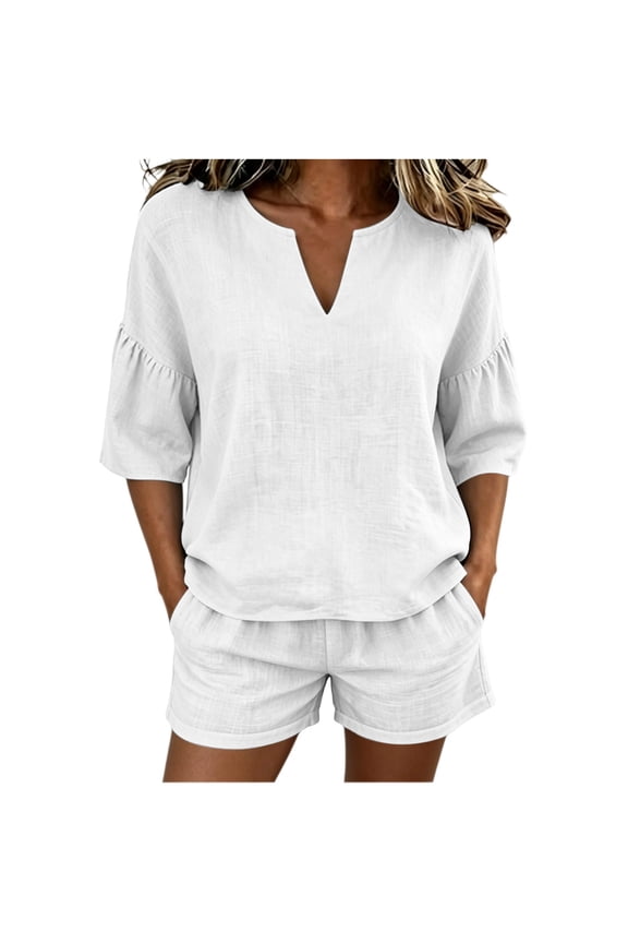 Womens 2 Piece Linen Short Set V Neck Ruffle Sleeve Top And Shorts Casual Summer Outfit Set For Beach Vacation And Everyday Wear