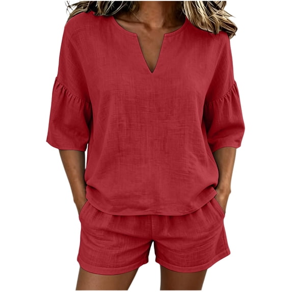 ATOYSOY Womens 2 Piece Linen Short Set V Neck Ruffle Sleeve Top And Shorts Casual Summer Outfit Set For Beach Vacation And Everyday Wear