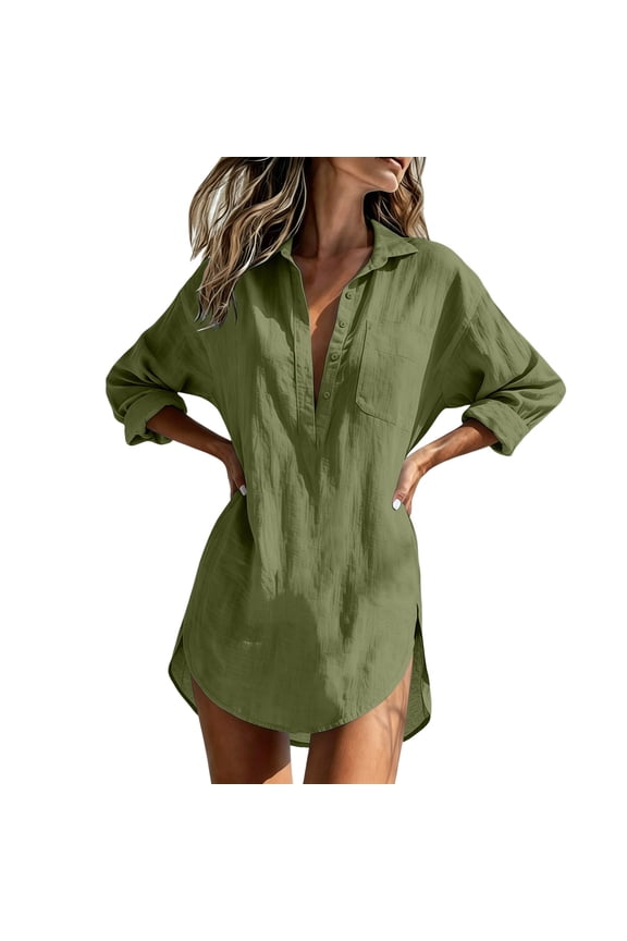 Womens 2026 Oversized Collared Tunic Tops Long Sleeve Casual Blouses Side Split Breathable Solid Color Beach Shirts
