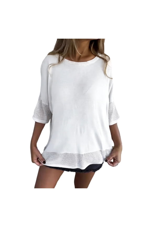 Womens 5-Point Sleeve Tops Round Neck Solid Color Casual Loose Fit Mesh Trim Summer Blouses