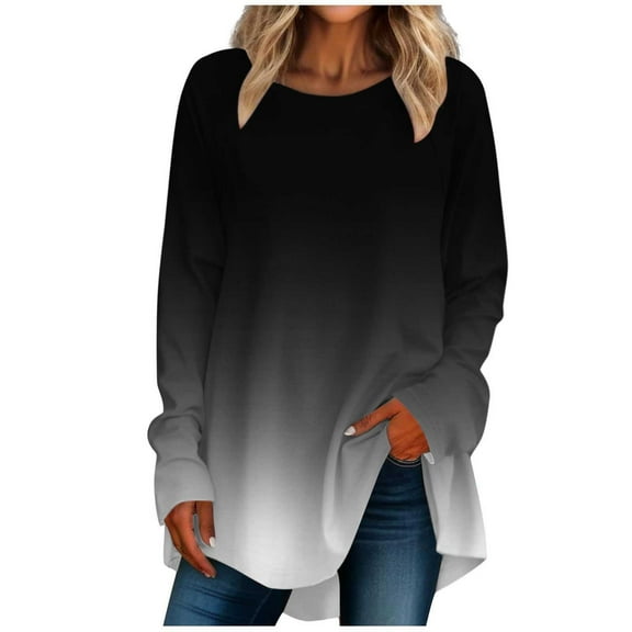 ATOYSOY Womens Blouses Dressy Trendy Long Sleeve Loose Blouse Round Neck Pullover Floral Tunics Tops Crew Neck Sweatshirts Black XL