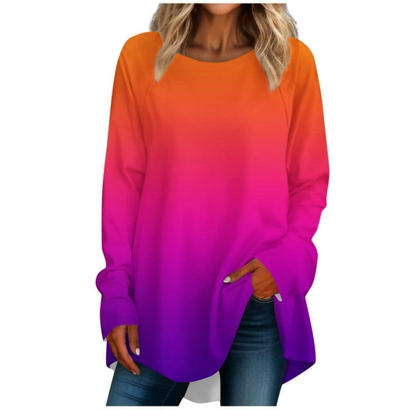 ATOYSOY Womens Blouses Dressy Trendy Long Sleeve Loose Blouse Round Neck Pullover Floral Tunics Tops Crew Neck Sweatshirts Orange XXL