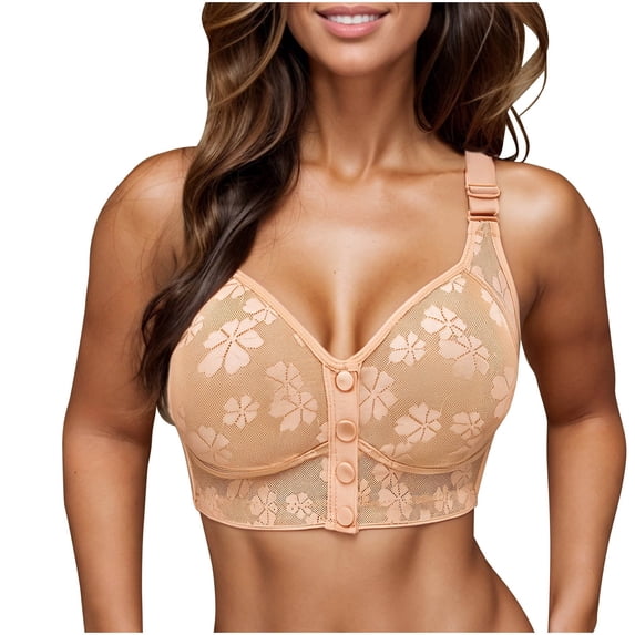 ATOYSOY Womens Bras Lace Front Closure Gathering Bras Full Support No Underwire Bralettes Soft Breathable Ladies Comfortable Lounge Bra (Beige,XXXXL)