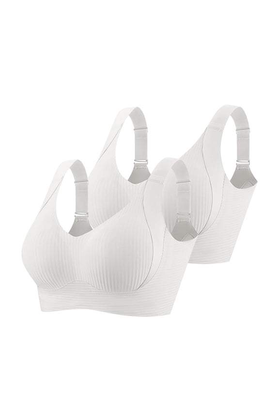 Womens Bras Wireless Ribbed Push Up Adjustable Wireless Bra 2 Pack Sports Seamless Everyday Bras (White,L)