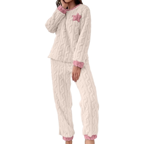 ATOYSOY Womens Cable Knit Flannel Pajamas Set Winter Matching Loungewear Crew Neck Long Sleeve Star Patch Tees Elastic Cuff Trousers Light Warm Nightwear For Cozy Home Lounging