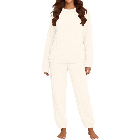 ATOYSOY Womens Cable Knit Flannel Pajamas Set Winter Matching Loungewear Oversized Crew Neck Long Sleeve Tees Elastic High Cuff Jogger Trousers Light Thick Warm Nightwear For All Day Home Lounging