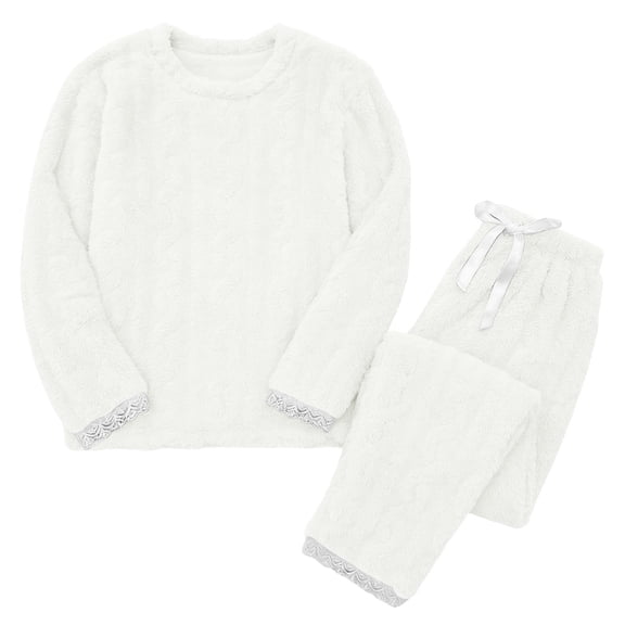 ATOYSOY Womens Cable Knit Flannel Pajamas Set Winter Matching Loungewear Oversized Round Neck Long Sleeve Tees Elastic Drawstring Wide Leg Trousers Lace Hem Light Warm Nightwear For Cold Weather