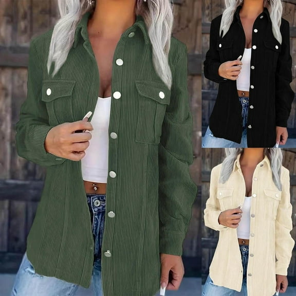 ATOYSOY Womens Corduroy Shacket Blouses Button Shirts Pocket Long Sleeves Tops Jacket Coats Beige L