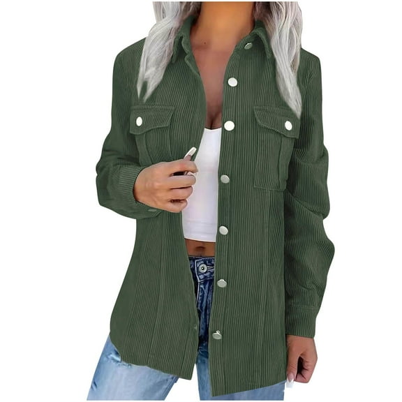 ATOYSOY Womens Corduroy Shacket Blouses Button Shirts Pocket Long Sleeves Tops Jacket Coats Green L