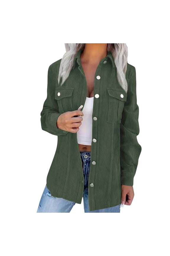 Womens Corduroy Shacket Blouses Button Shirts Pocket Long Sleeves Tops Jacket Coats Green L