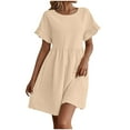 thumbnail image 1 of ATOYSOY Womens Dresses Spring Crew Neck Pleated Cotton Linen Dress Loose Beach Sundresses Summer Solid Color Short Sleeve Casual Dresses (Beige,XL), 1 of 7