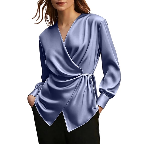 ATOYSOY Womens Elegant Satin Wrap Blouses Long Sleeve V Neck Tops Tied Waist Casual Slim Fitted Breathable Solid Color Everyday Wear