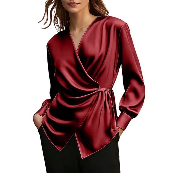 ATOYSOY Womens Elegant Satin Wrap Blouses Long Sleeve V Neck Tops Tied Waist Casual Slim Fitted Breathable Solid Color Everyday Wear