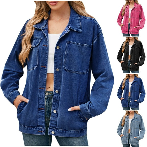 ATOYSOY Womens Jean Jackets Long Sleeve Fashion Button Denim Jacket with Pockets Black L