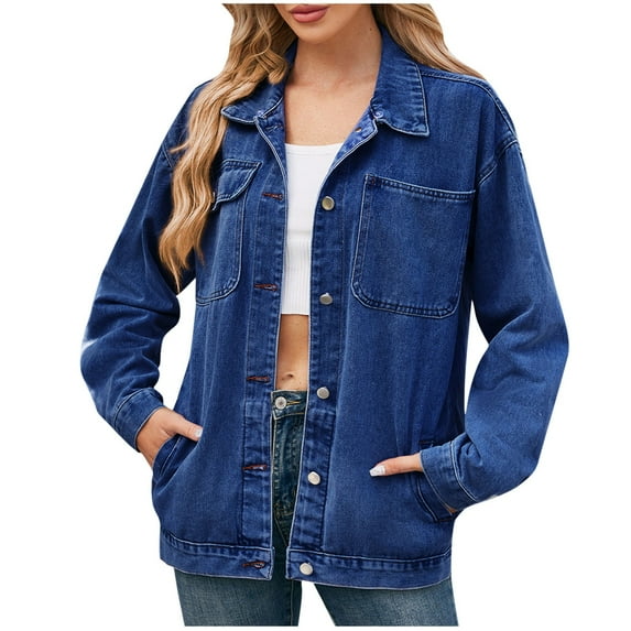 ATOYSOY Womens Jean Jackets Long Sleeve Fashion Button Denim Jacket with Pockets Blue S