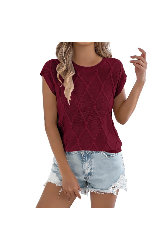 Womens Knit Tops Short Sleeve Crew Neck Top Diamond Textured Casual Pullover Solid Lightweight Fashion Shirt For Daily Street Wear Multiple Colors