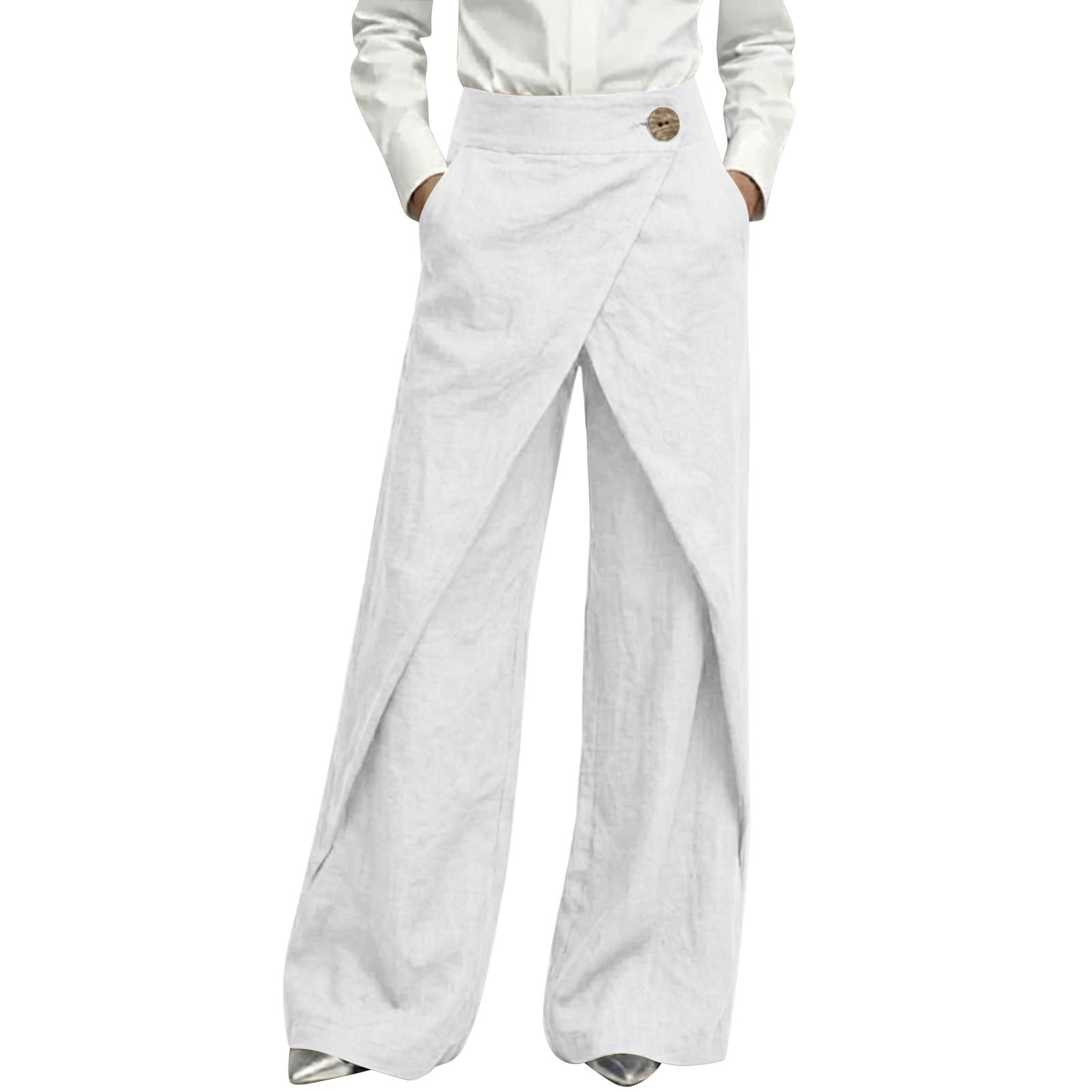ATOYSOY Womens Linen Wide Leg Pants Solid Color High Waist Intertwined ...