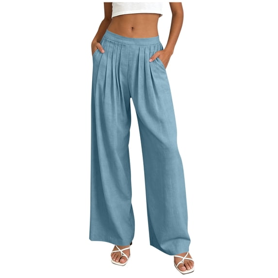 ATOYSOY Womens Linen Wide Leg Pants Solid Color Pleated Elastic High ...