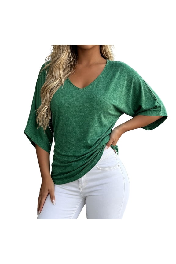 Womens Marled Knit Tops Deep V Neck Batwing Half Sleeve Side Knot Ruched Loose Blouses Solid Color Trendy Casual Office Summer Daily Street Going Out Shirts 2026